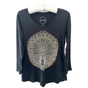 LUCKY BRAND Black Embroidered Beaded Peacock Top 3/4 Sleeve Boho Tee | Small